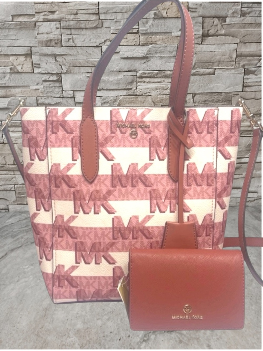 Michael Kors Sinclair Logo Shopper Tote & Matching Wallet Cinnamon Pink Cream